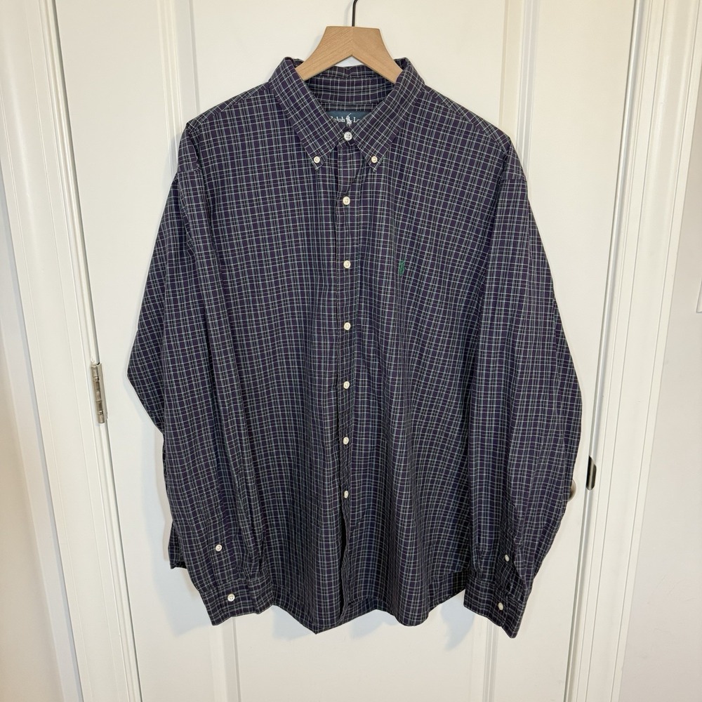 Polo Ralph Lauren Oxford Shirt Men's Size Large XXL Purple Plaid Button Down VTG